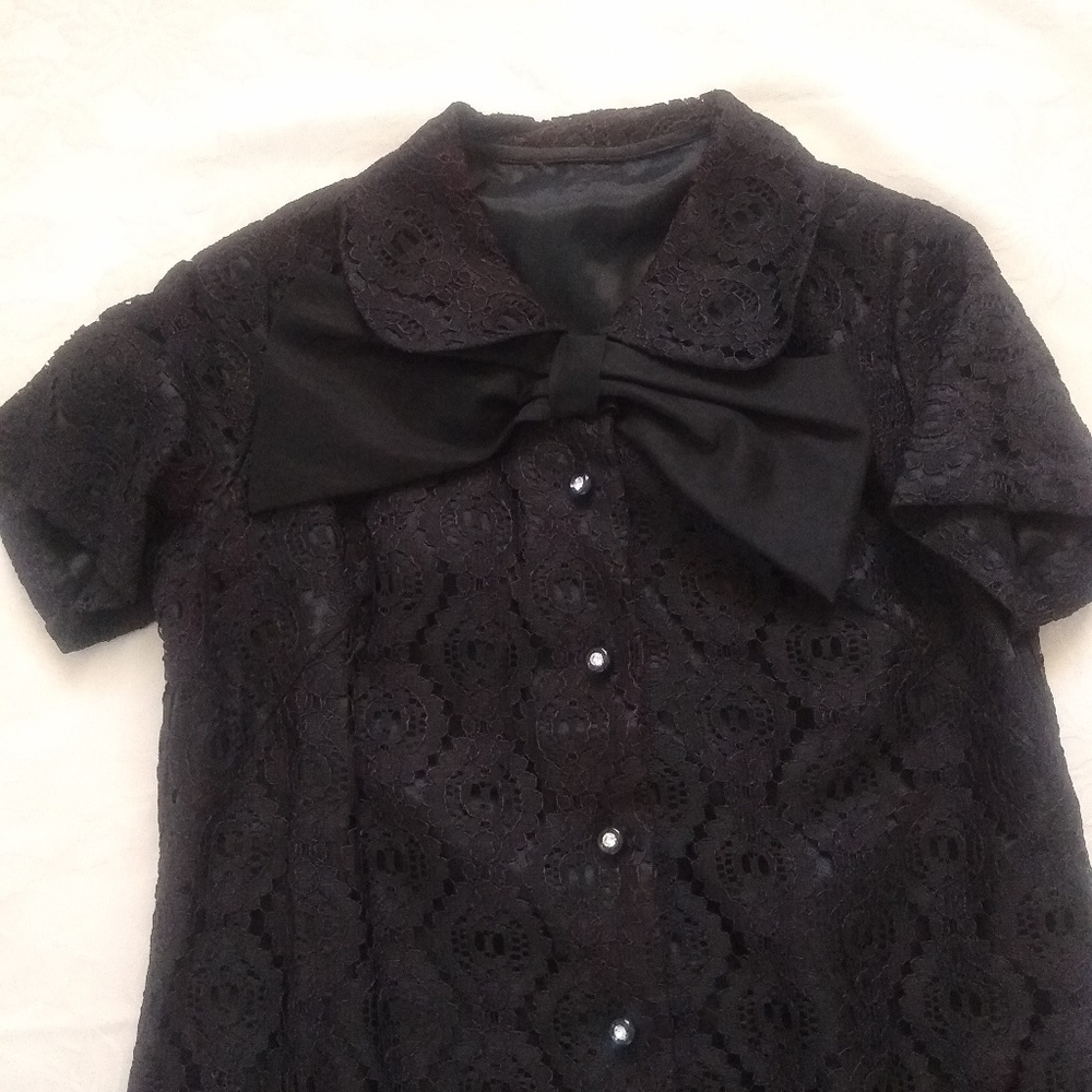 Vintage Peter Pan collar lace bow Black dress Buttoned Short Sleeves